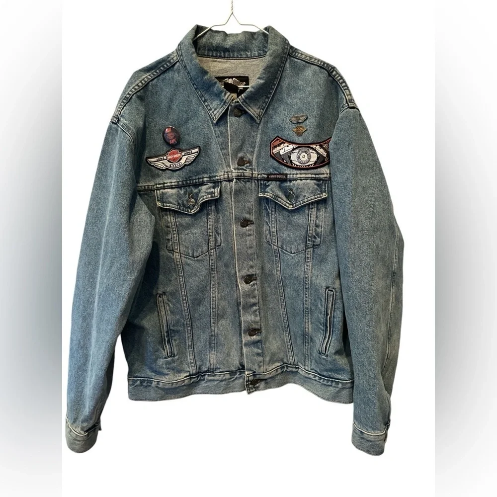 RARE Men's Harley Davidson Moto Waco TX Jean Jacket with Pins Patches Sz XL